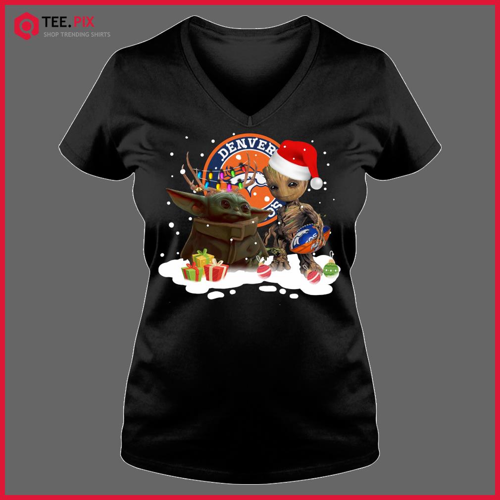 Santa Groot and Baby Yoda hug Denver Broncos Snow Christmas Tree shirt