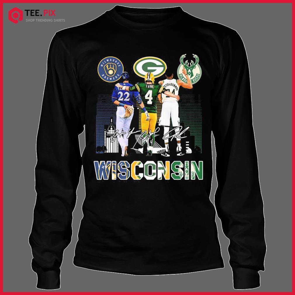 Christian Yelich Brett Favre And Giannis Antetokounmpo Wisconsin Sport  Teams Signatures Shirt - Teespix - Store Fashion LLC