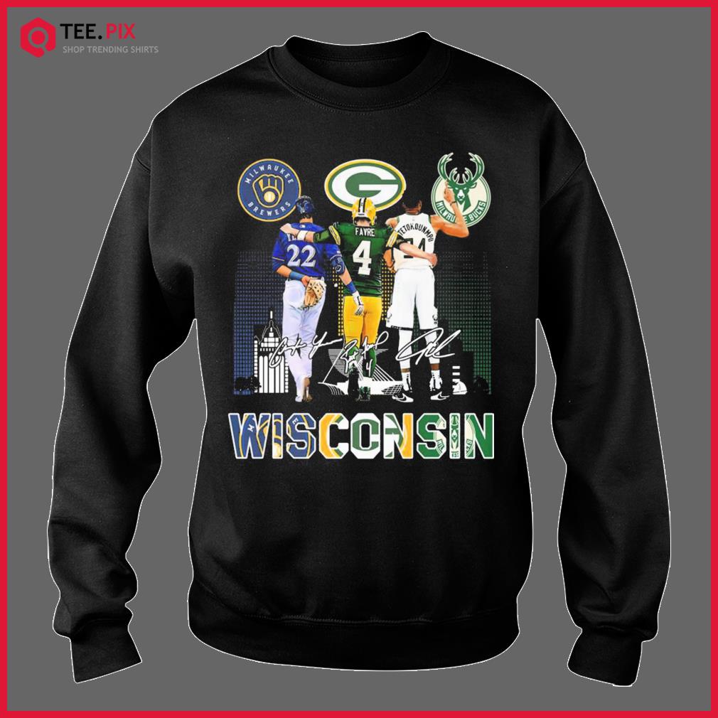 Christian Yelich Brett Favre And Giannis Antetokounmpo Wisconsin Sport  Teams Signatures Shirt - Teespix - Store Fashion LLC