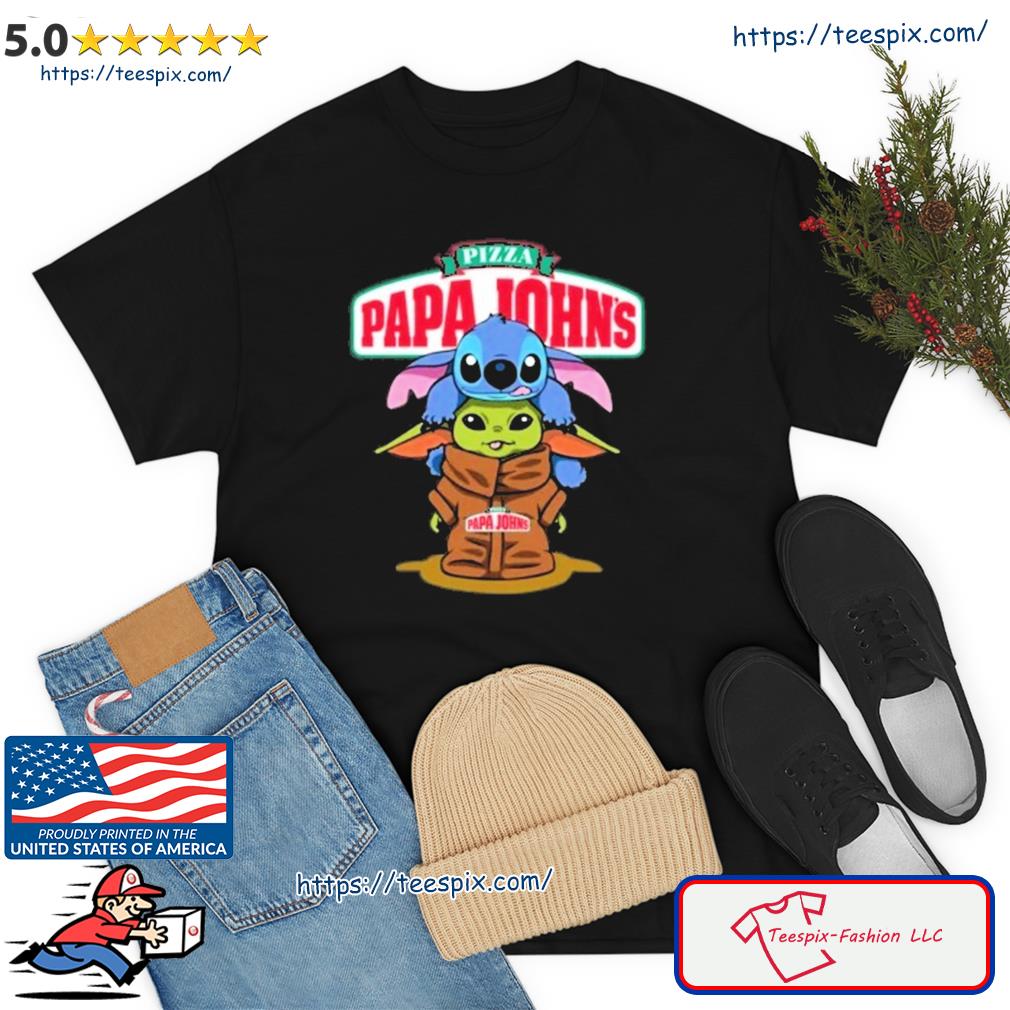 Baby Stitch And Baby Yoda Papa Johns Logo Shirt