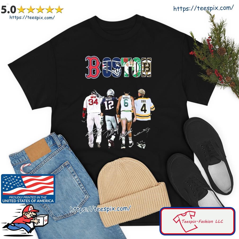 Boston Sports Teams Ortiz Brady Russell and Orr signatures shirt