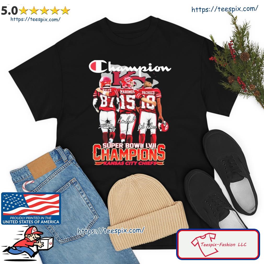 The Champion Travis Kelce Patrick Mahomes And Pacheco Kc Chiefs LVII Super Bowl Champions Shirt