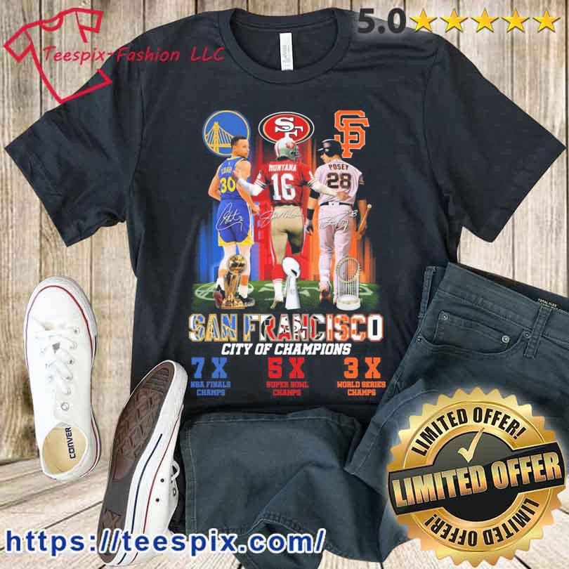 San Francisco 49ers Joe Montana and Golden State Warriors Stephen Curry  skyline signatures shirt, hoodie, longsleeve tee, sweater