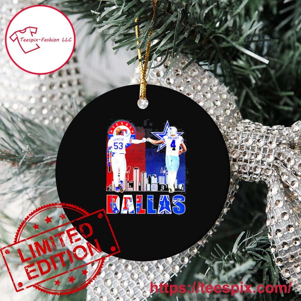 Official Texas City Skyline Adolis Garcia Texas Rangers And Prescott Dallas Cowboys 2023 Signatures Ornament Custom Name