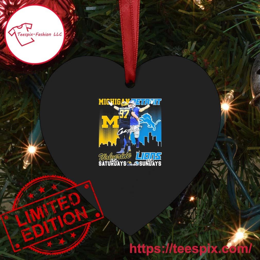 #97 Hutchinson Michigan Wolverines On Saturdays Detroit Lions On Sundays Signatures Ornament Custom Name Heart.jpg