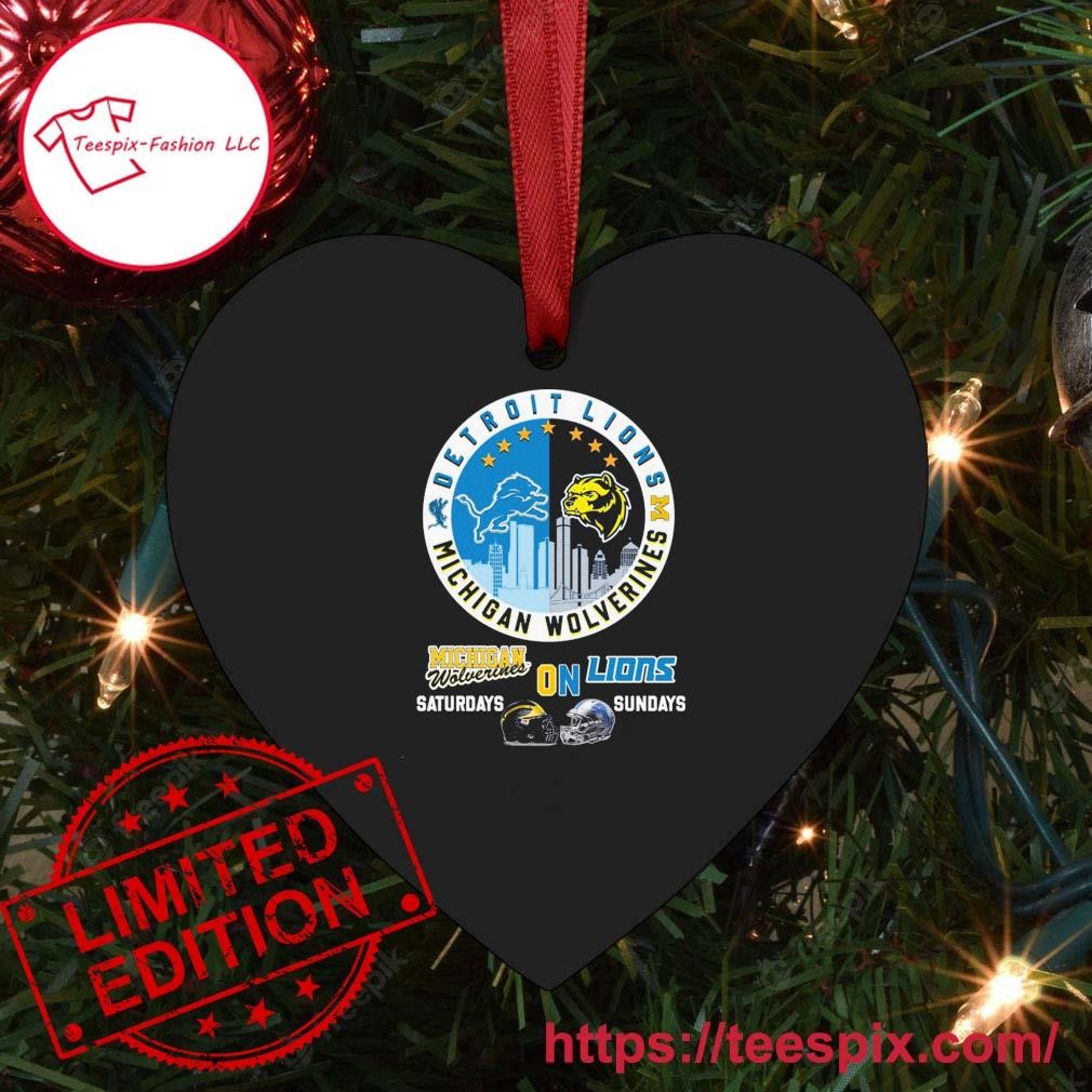 Michigan Wolverines And Detroit Lions Logo City On Saturdays And On Sundays Ornament Custom Name Heart.jpg