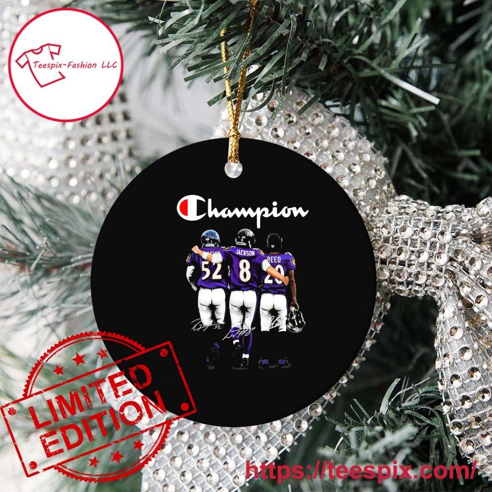 Official Champion Baltimore Ravens Lamar Jackson Ray Lewis and Ed Reed signatures Ornament Custom Name